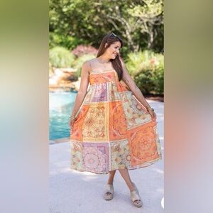 THML Dress Orange Yellow Floral Colorblock Midi Size Small